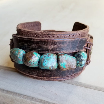 Genuine Leather Wide Cuff Bracelet w/ Natural Turquoise Chunks 006p