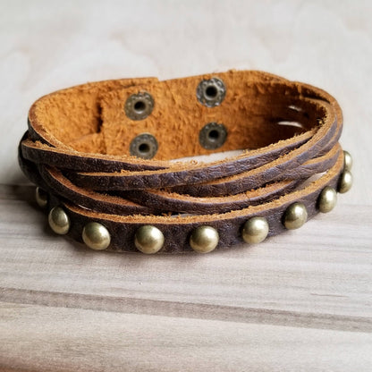 Multi-Strand Leather Cuff with Antique Gold Studs 007s