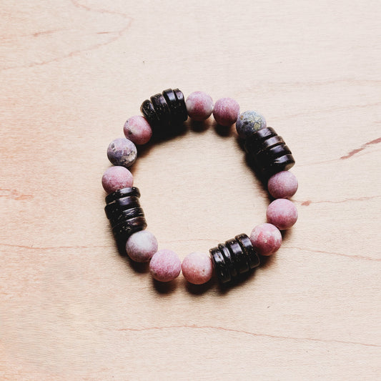 **Frosted Marble Jasper and Wood Stretch Bracelet (808z)