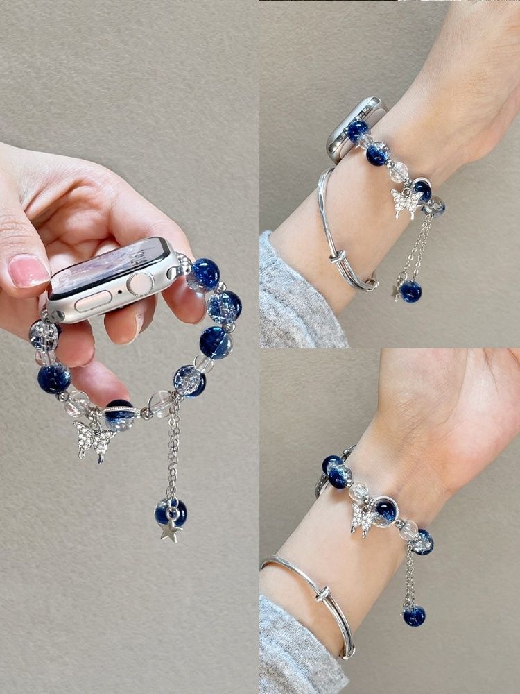 Blue Star Diamond Butterfly Chic Tweed Women's Watch Strap for Apple Watch Ultra/S9/S8/S7/S6/S5/S4/S3/S2/S1