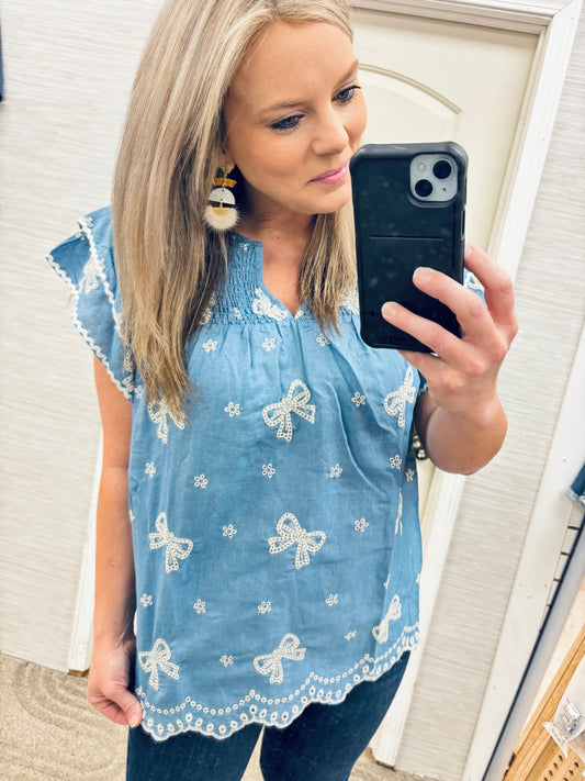 Chambray Scalloped Bows Blouse