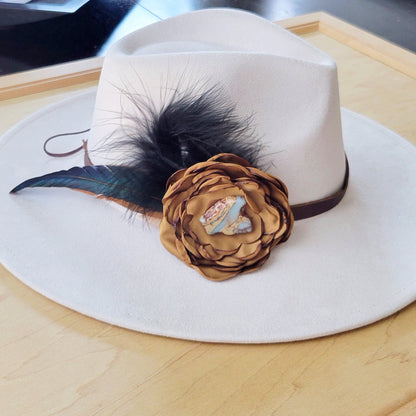 Leather Hat Band w/ Silk Flower & Feathers-Old Gold (Band Only) 952v