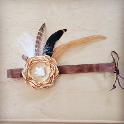 Leather Hat Band w/ Silk Flower & Feathers-Gold (Band Only) 952x
