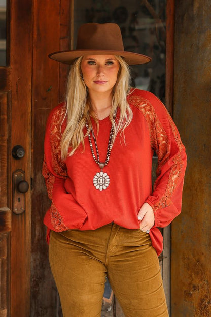 Rust Waffle Knit Blouse