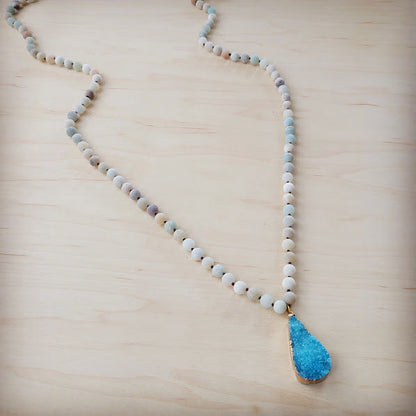 Frosted Amazonite Long Beaded Necklace with Agate Pendant 260o