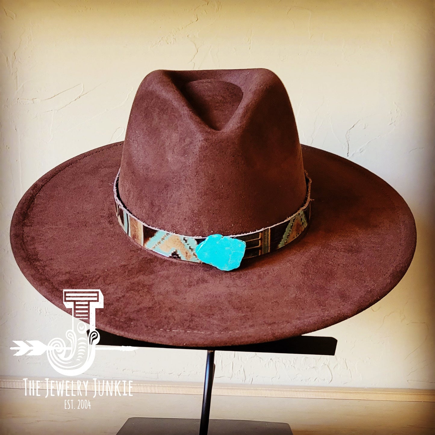 Boho Western Felt Hat w/ Choice of Leather Hat Band w/ Turquoise Slab-Brown 980h