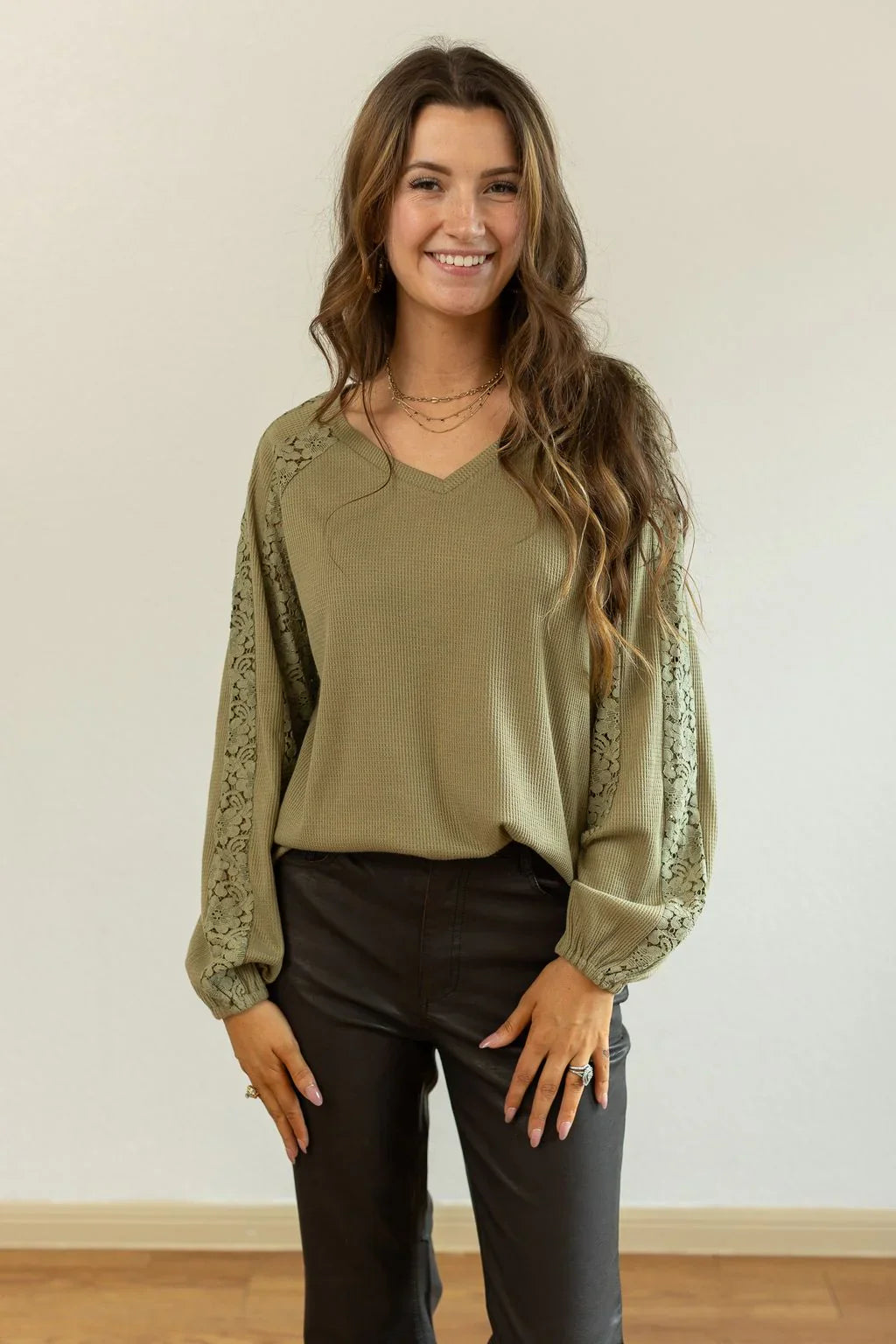 Green Waffle Knit Blouse