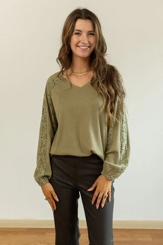 Green Waffle Knit Blouse