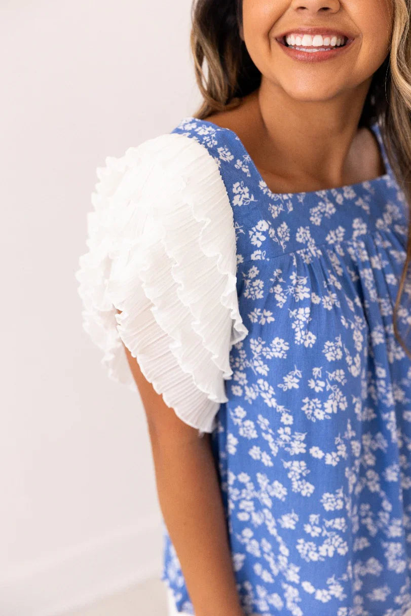 Blue Floral Ruffle Sleeve