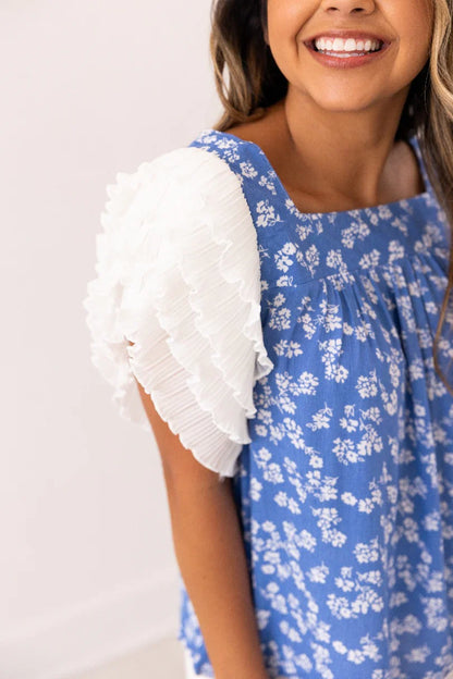 Blue Floral Ruffle Sleeve