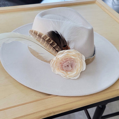 Leather Hat Band w/ Silk Flower & Feathers-Ivory (Band Only) 952s