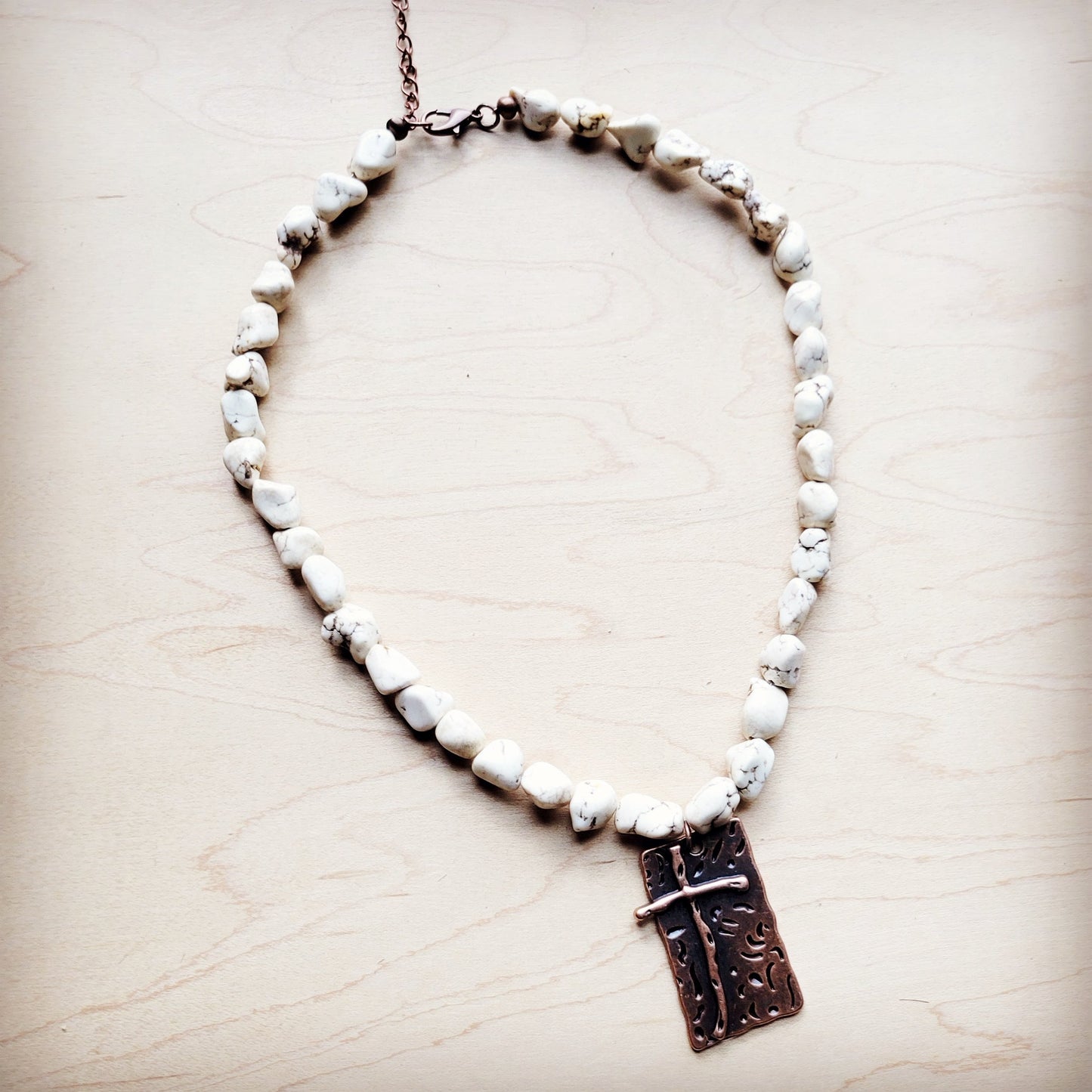 White Turquoise Collar Necklace w/ Copper Cross Pendant 259y