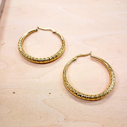 Medium Stainless Steel Engraved Hoop Earrings 14K Gold Plating 200d
