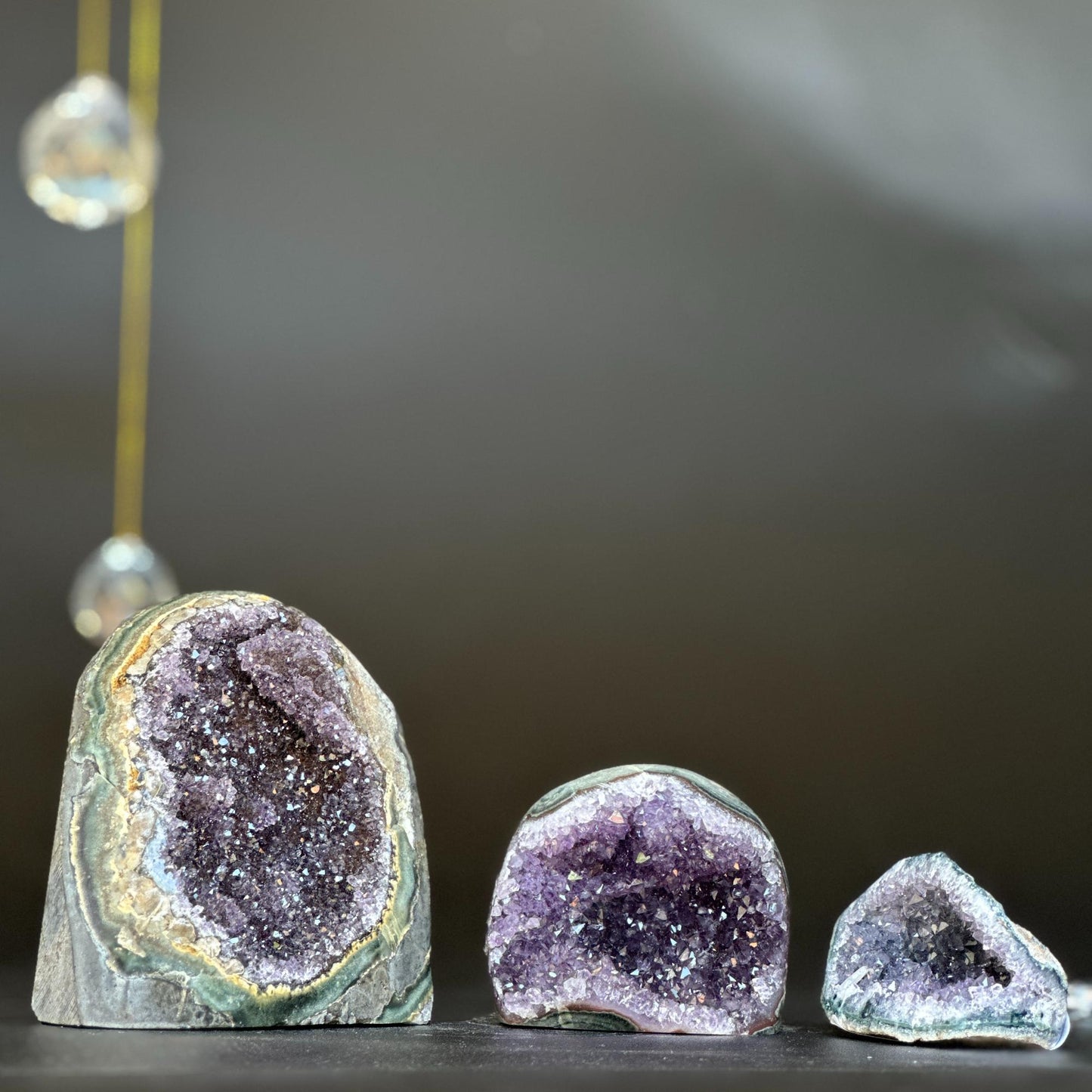 3 pieces lot Amethyst Crystals, Small Amethysts SET, polished crystals with agate layers at edges