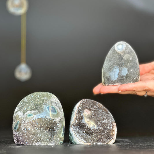 Rare rainbow amethysts set of 3, colorful druzy amethysts, freeform sugar crystals, home decor crystals