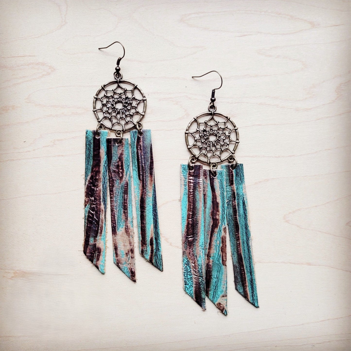 **Dream Catcher Earrings w/ Leather Fringe Turquoise Chateau 200ab