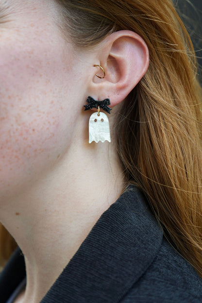 Mini Bow Ghost Earrings - White Shimmer