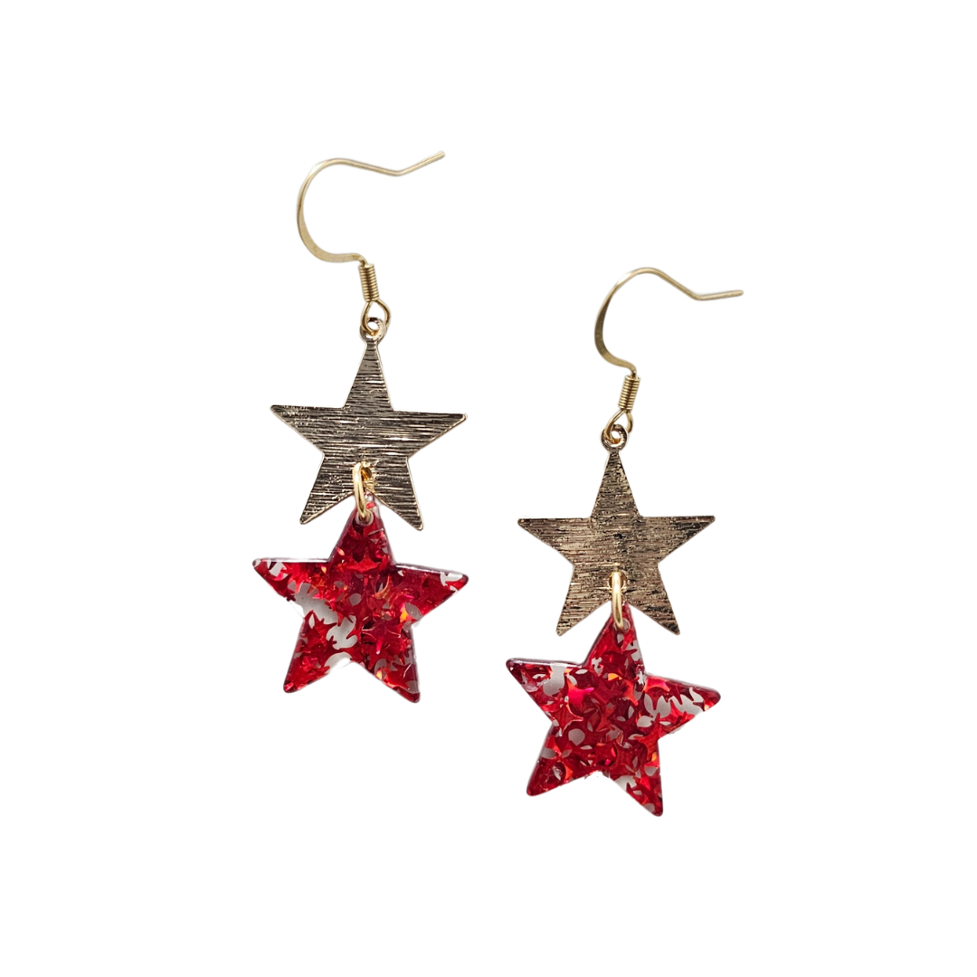 Starry Earrings - Red Glitter