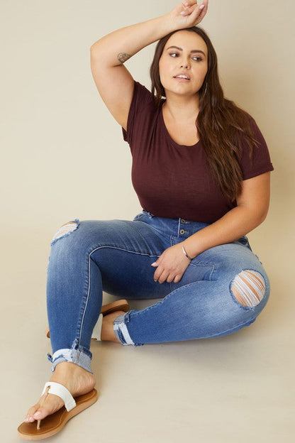 Plus High Rise Button Fly Ankle Skinny