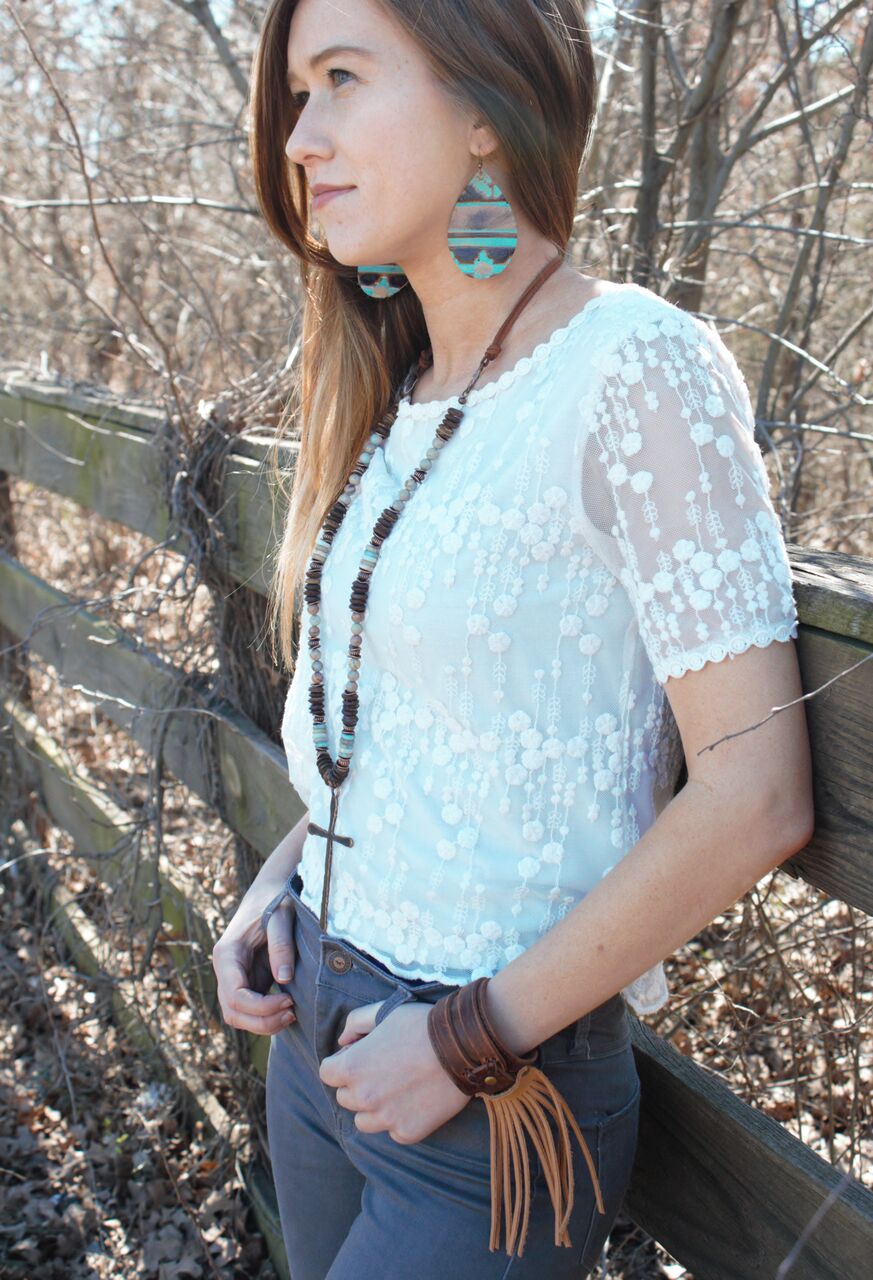 Aqua Terra Wood Necklace with Copper Cross 237d