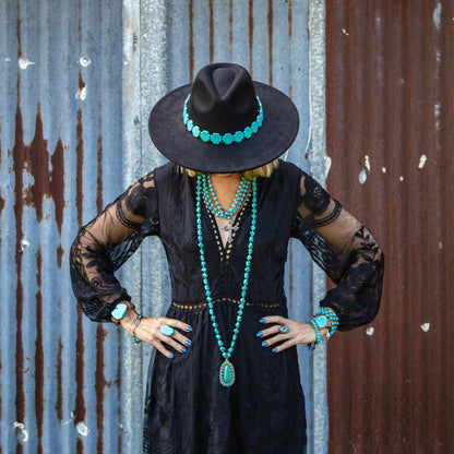 Long Western Turquoise Beaded Necklace w/ Squash Blossom Pendant 261w