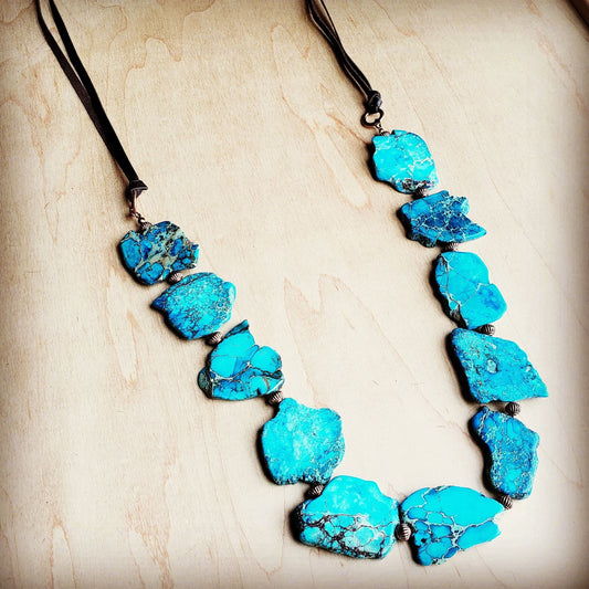 Turquoise Regalite Slab Necklace with Leather Ties 229h
