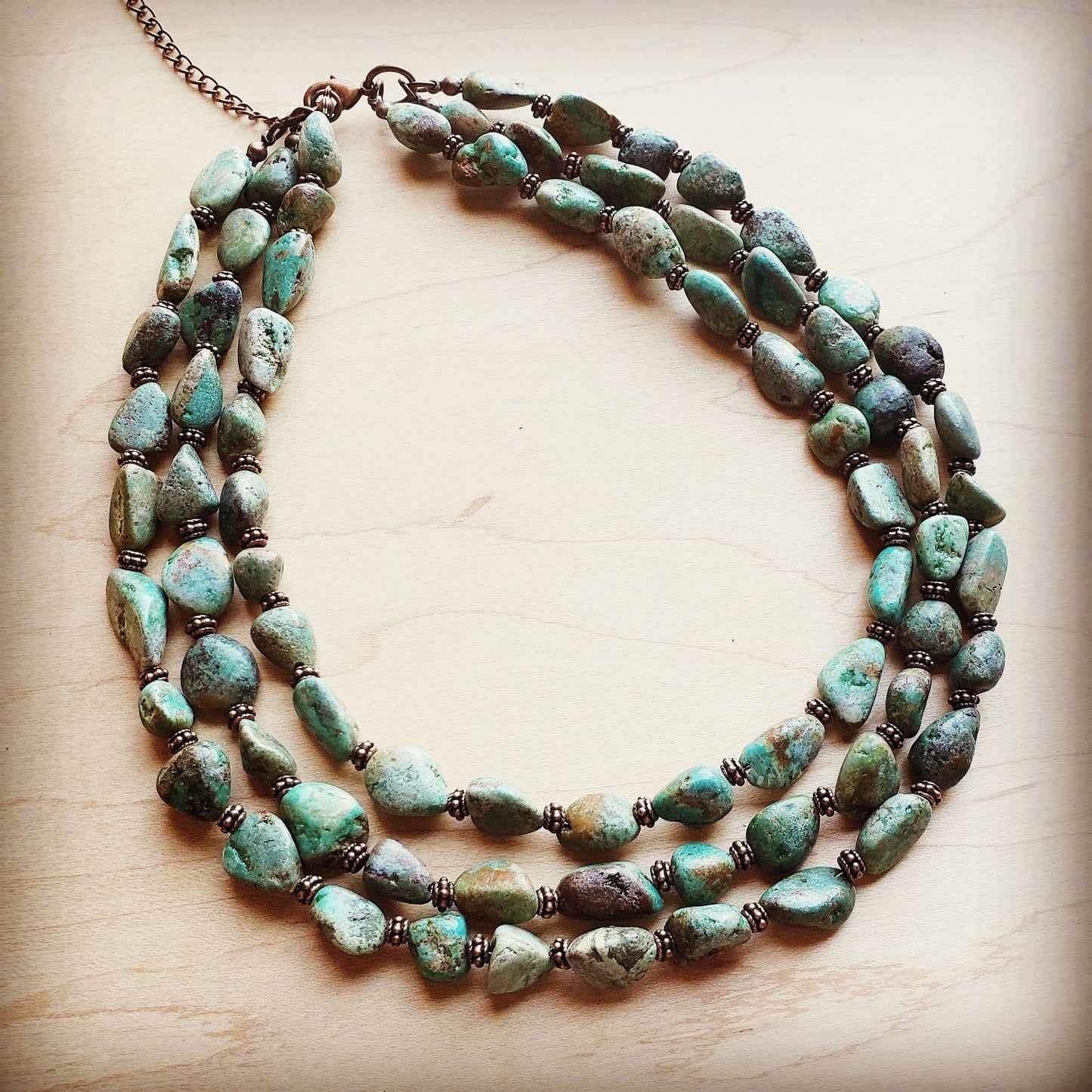 Triple Strand Natural Turquoise & Copper Collar Necklace 250n