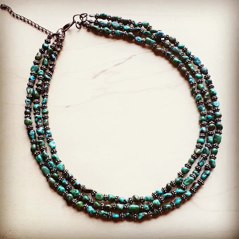 Triple Strand Natural Turquoise & Copper Collar Necklace 250n