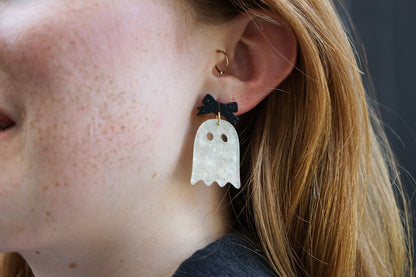 Bow Ghost Earrings - White Shimmer