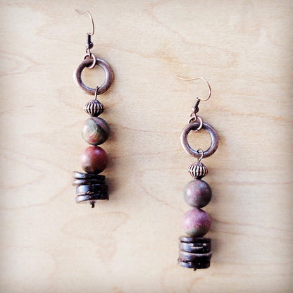 Genuine Picasso Jasper Earrings w/ Wood Accents 225s