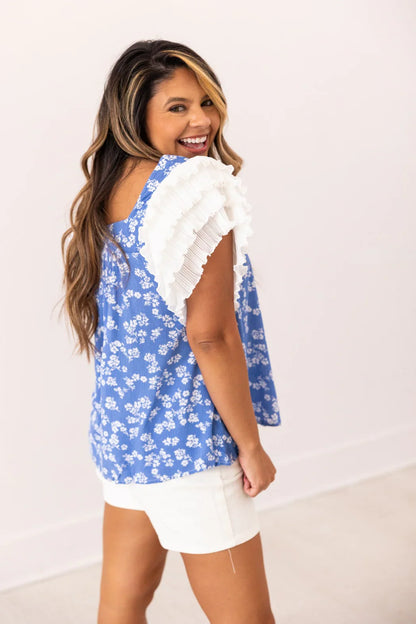 Blue Floral Ruffle Sleeve