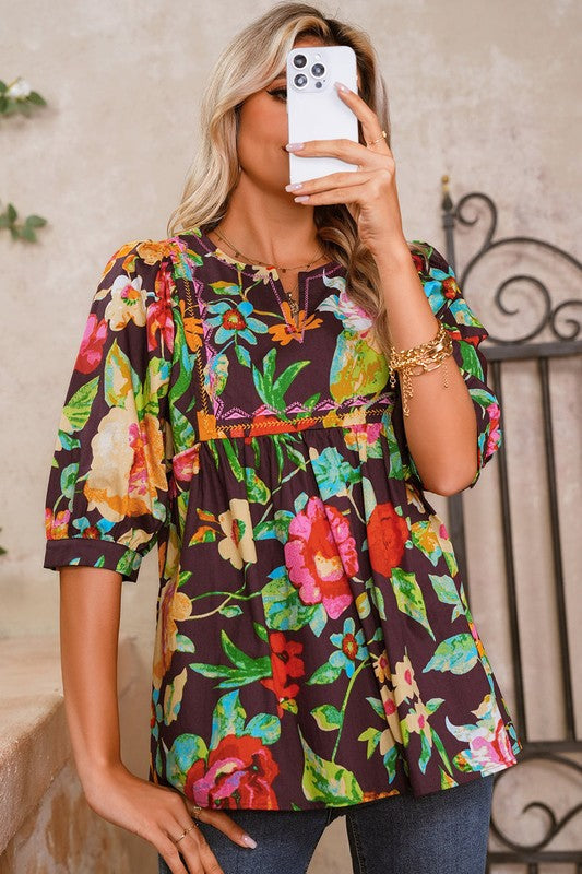 Gray Flower Embroidered Trim Half Sleeve Blouse