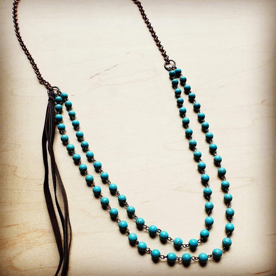 Double Strand Blue Turquoise Beaded Necklace, Leather Tassel 252d