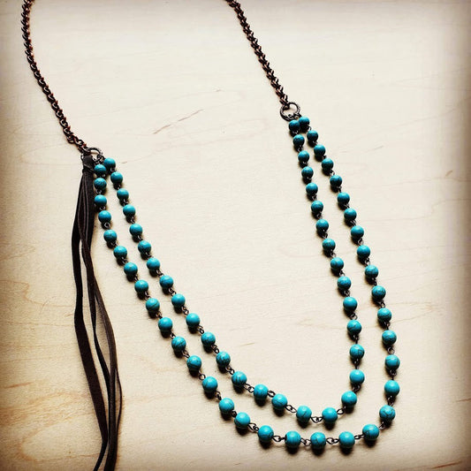 Double Strand Blue Turquoise Beaded Necklace, Leather Tassel 252d