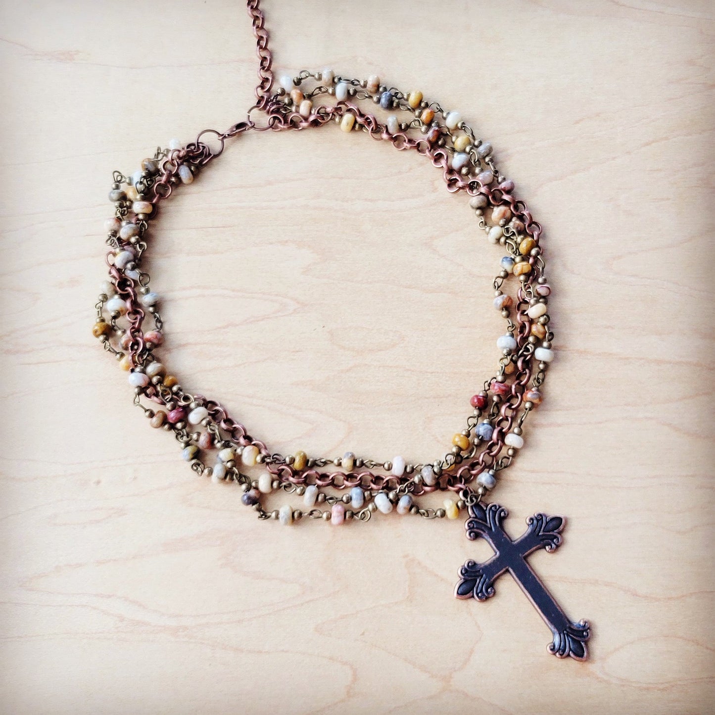 Natural Agate Beaded Collar Necklace w/ Cross Pendant 261d