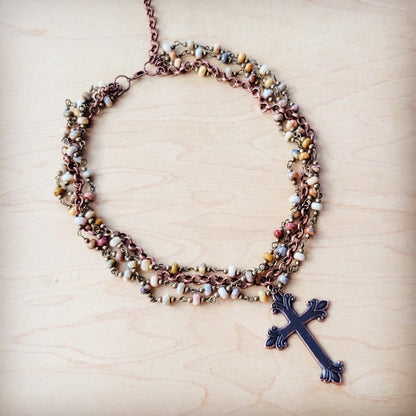 Natural Agate Beaded Collar Necklace w/ Cross Pendant 261d