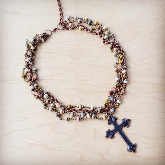 Natural Agate Beaded Collar Necklace w/ Cross Pendant 261d