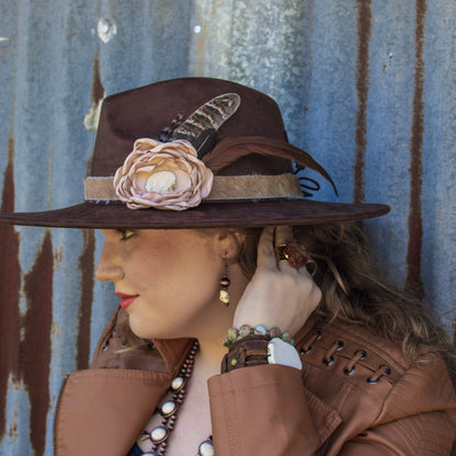 Leather Hat Band w/ Silk Flower & Feathers-Blush (Band Only) 953a