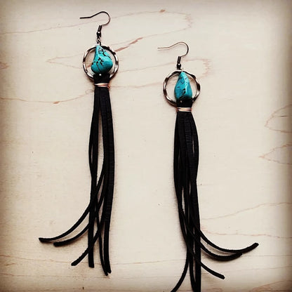 Turquoise Drop Earrings with Leather Tassel-Black 206g