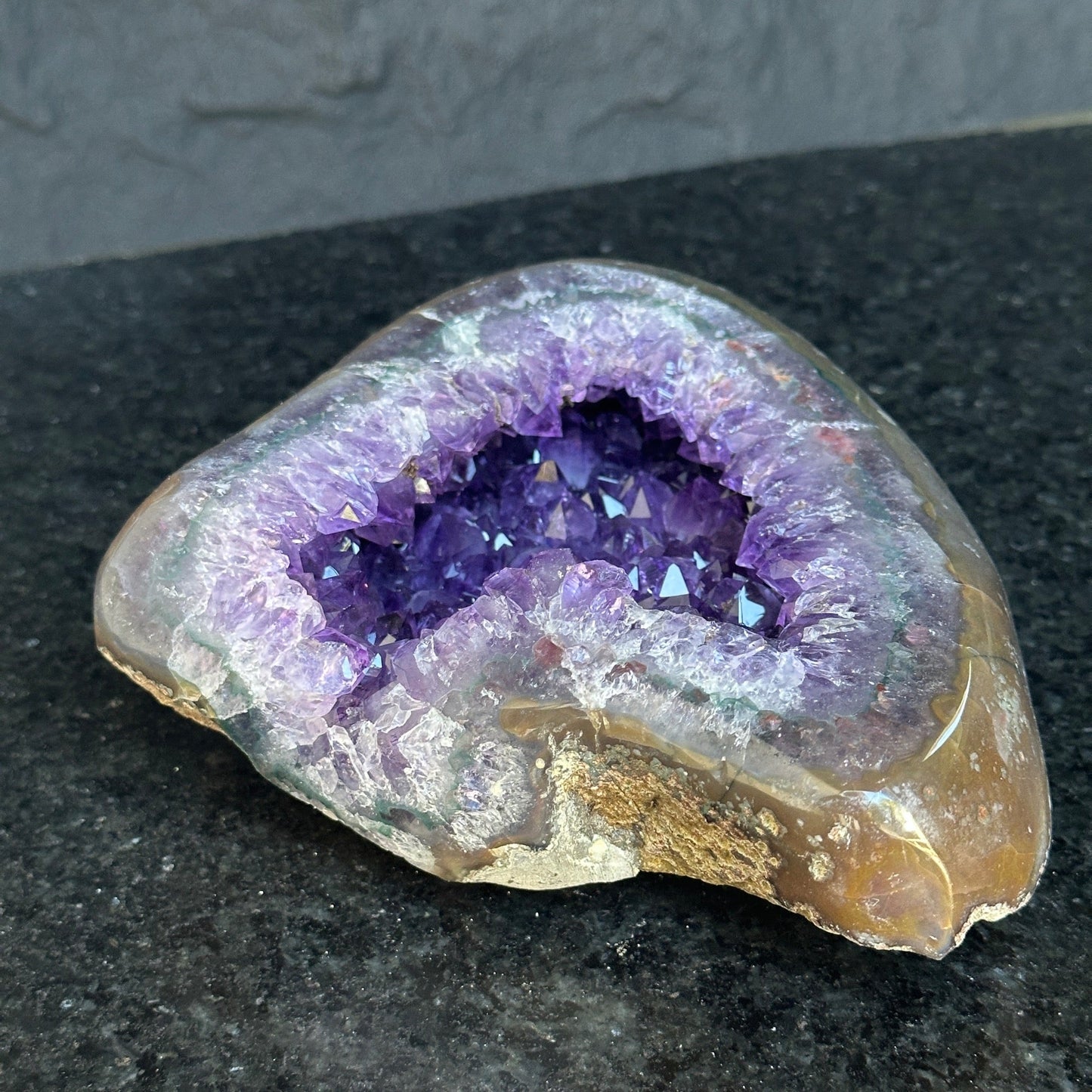 Amethsyt centerpiece, Unique shaped geode for tabletop decor, natural crystal stone with agate formations