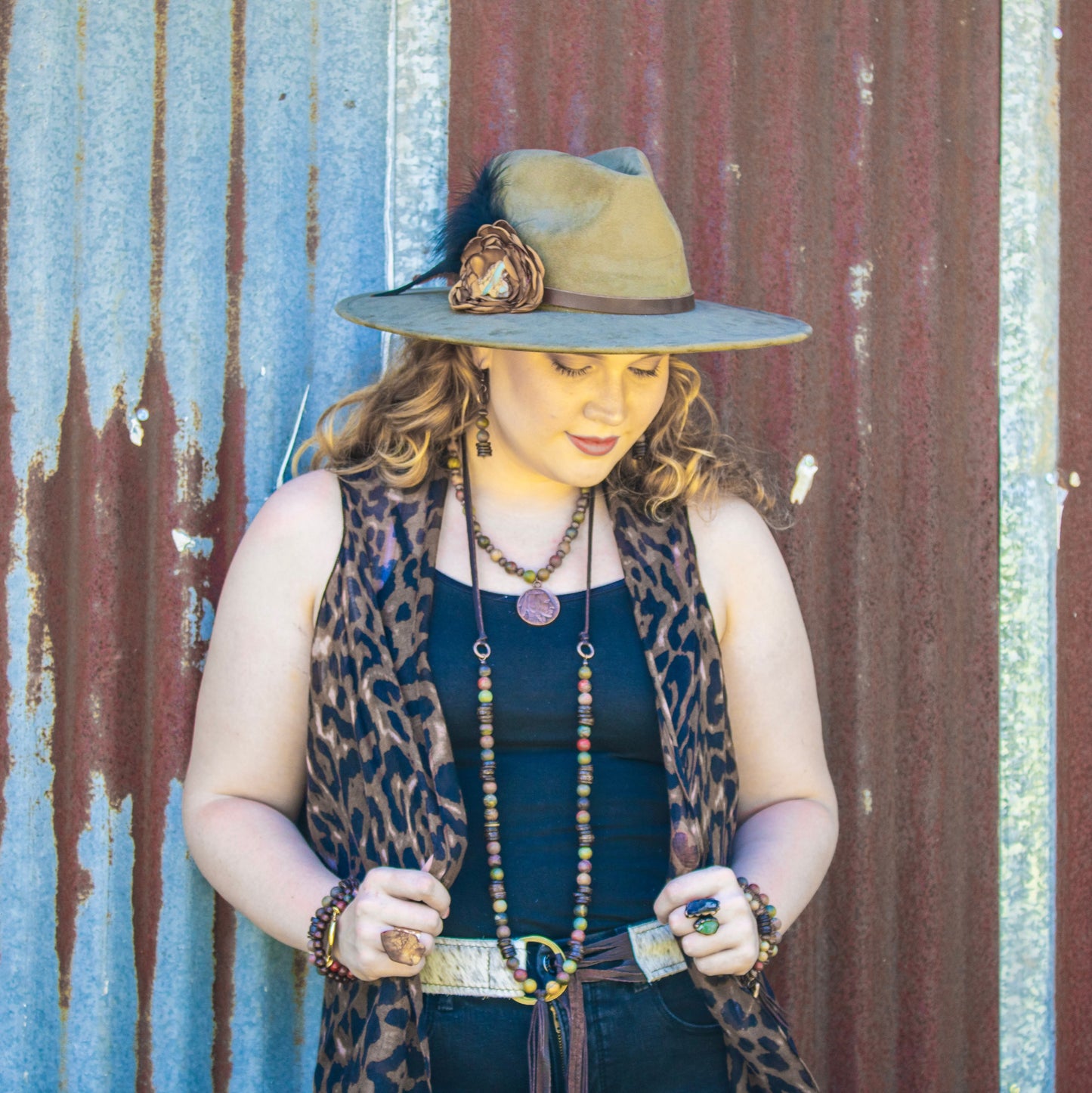 Picasso Jasper Necklace with Wood Beads and Leather Tassel 261i