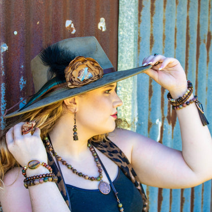 Leather Hat Band w/ Silk Flower & Feathers-Old Gold (Band Only) 952v