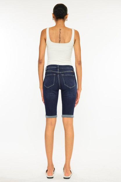 High Rise Button Down Cuffed Bermuda Jeans