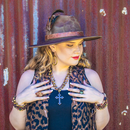 Natural Agate Beaded Collar Necklace w/ Cross Pendant 261d