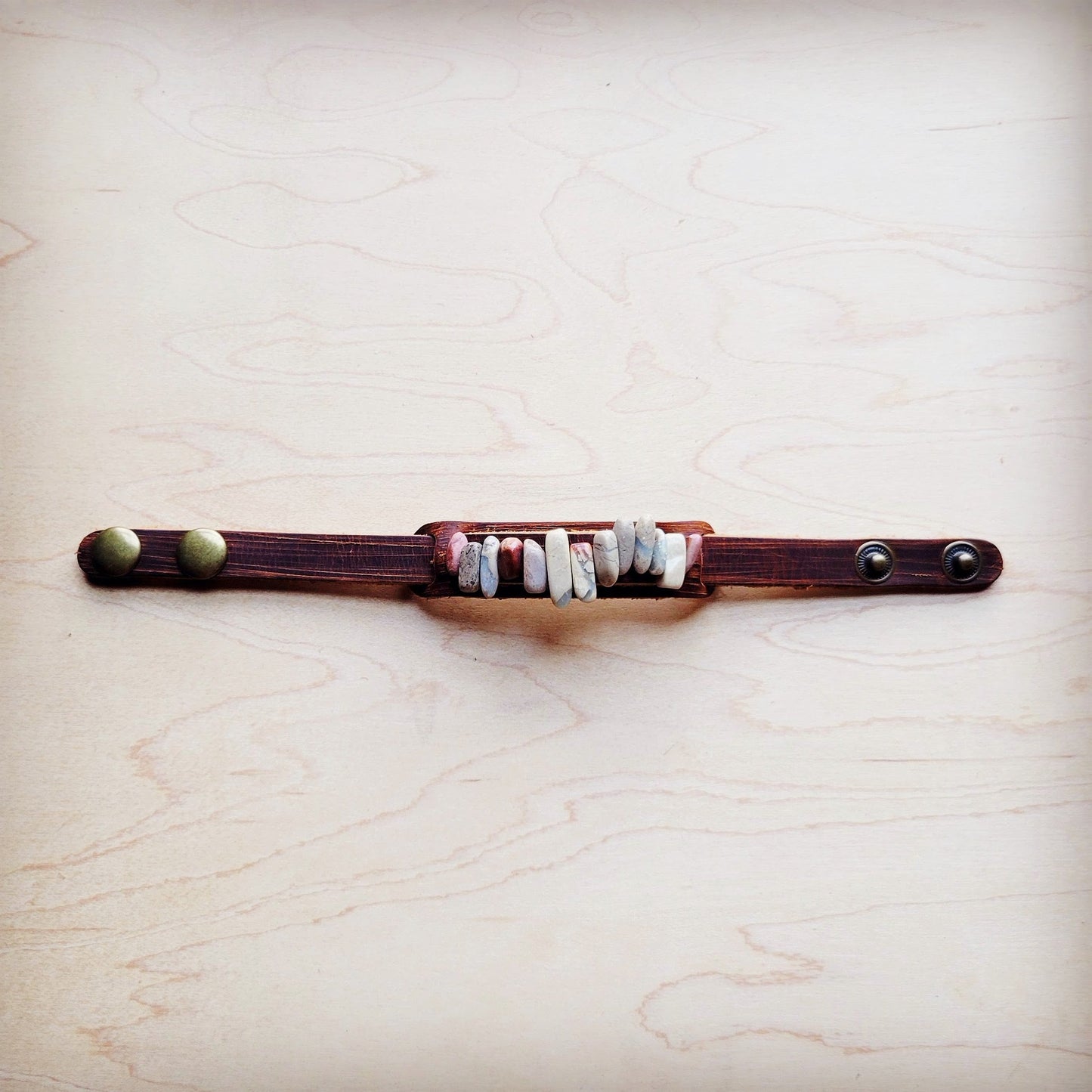 Genuine Leather Narrow Cuff with Aqua Terra Stones 005f