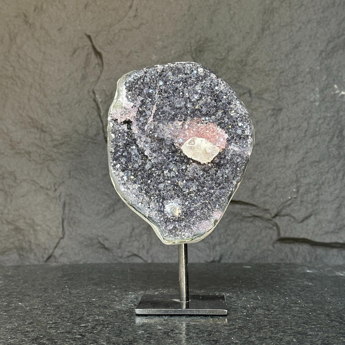 Amethyst with rare formations on a metal pedestal , high quality amethyst crystal from Uruguay