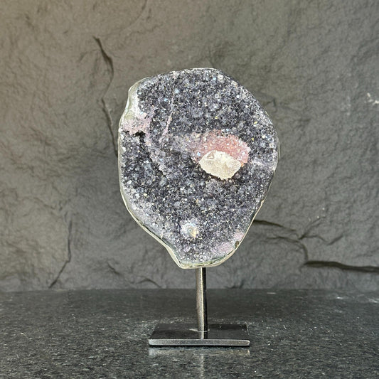 Amethyst with rare formations on a metal pedestal , high quality amethyst crystal from Uruguay