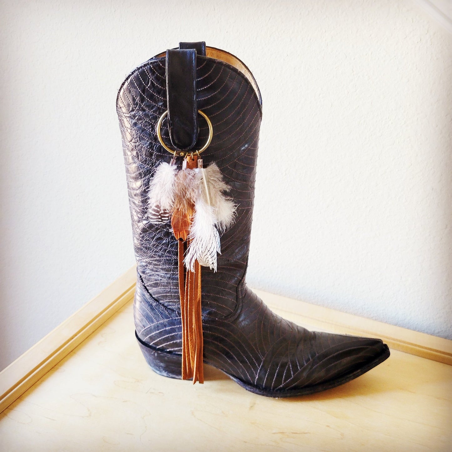 Boho Western Boot Bling Charm with Leather Fringe Cognac 500e