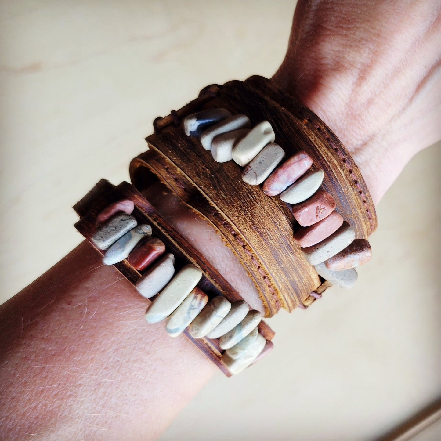 Genuine Leather Narrow Cuff with Aqua Terra Stones 005f