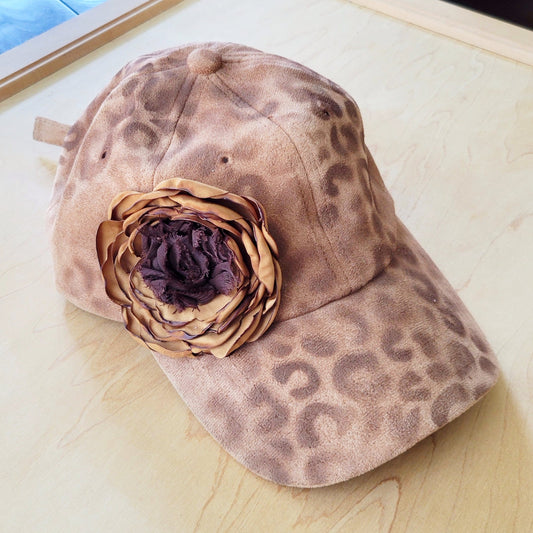 Hand-Painted Leopard Suede Baseball Cap w/ Flowers Tan 986L